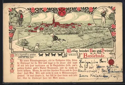 Lithographie Buxtehude, Wettlauf zwischen Has und Swinegel, Stadtansicht