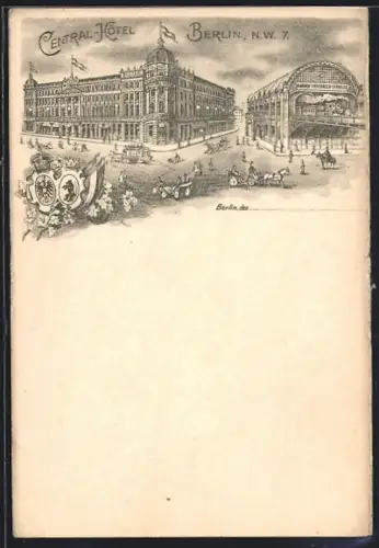 Lithographie Berlin, Central-Hotel, Bahnhof Friedrichstrasse