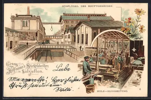 Lithographie Salzuflen, Hoffmann`s Stärkefabriken, Südflügel des Hauptgebäudes, Holz-Bearbeitung