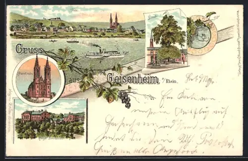 Lithographie Geisenheim a. Rh., Königl. Lehranstalt, alte Linde, Ortspanorama