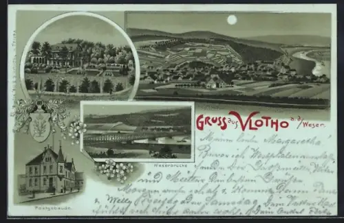 Lithographie Vlotho a. d. Weser, Ortspartie, Weserbrücke, Postgebäude, Bahnpoststempel