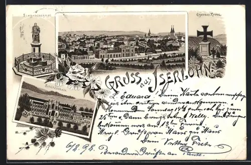 Lithographie Iserlohn, Schützenhalle, Siegesdenkmal, Eisernes Kreuz, Ortsansicht