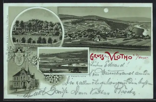 Lithographie Vlotho a. d. Weser, Ortspartie, Weserbrücke, Postgebäude, Bahnpoststempel