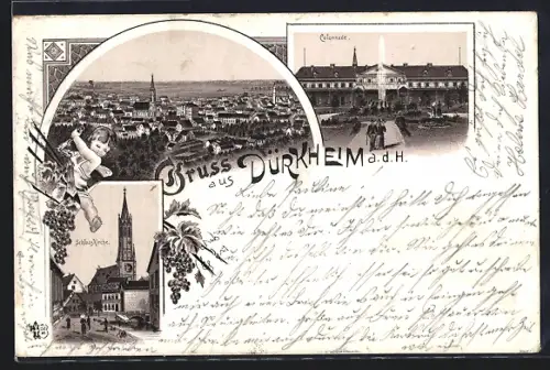 Lithographie Dürkheim a. d. H., Colonnade, Schlosskirche, Engel mit Wein, Totalansicht