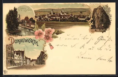 Lithographie Donauwörth, Färbertürl mit Heilig-Kreuz-Kirche, Reichsstrasse, Mangoldstein