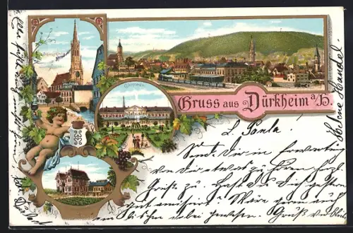 Lithographie Dürkheim, Schloss-Kirche, Colonaden, Kinderheilstätte, Ortsansicht mit Bahnhof