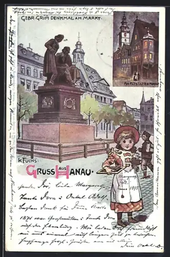 Lithographie Hanau, Gebrüder Grimm-Denkmal am Markt