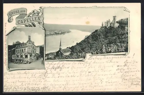 AK Capellen-Stolzenfels, Hotel Lahneck J. Reischlag, Teilansicht mit Fluss und Burg