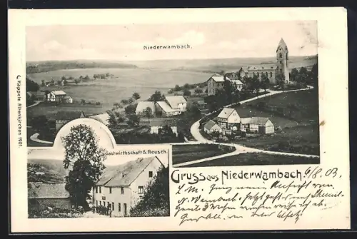 AK Niederwambach, Gasthaus S. Reusch, Gesamtansicht mit Landstrasse und Fernblick