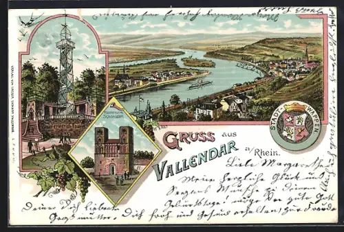 Lithographie Vallendar a. Rhein, Klosterruine Schönstätt, Gesamtansicht mit Rheinpanorama, Aussichtsturm, Stadtwappen