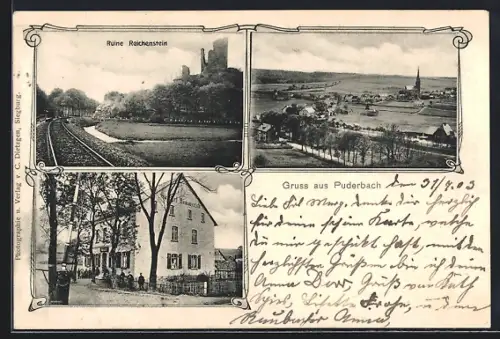 AK Puderbach / Laasphe, Gasthof Hümmerich, Ruine Reichenstein, Panorama