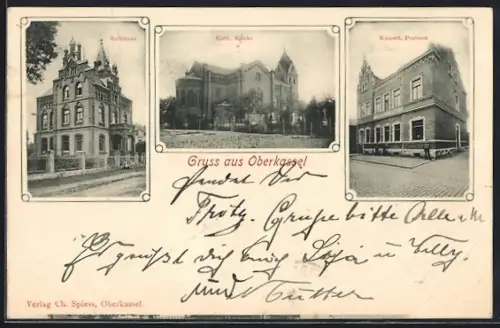 AK Oberkassel / Düsseldorf, Postamt, Rathaus und Schule, Katholische Kirche
