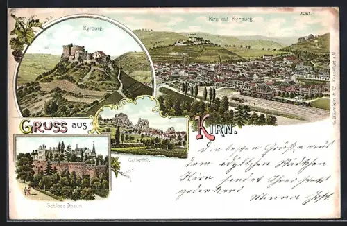 Lithographie Kirn / Nahe, Gallenfels, Schloss Dhaun, Kirn mit Kyrburg
