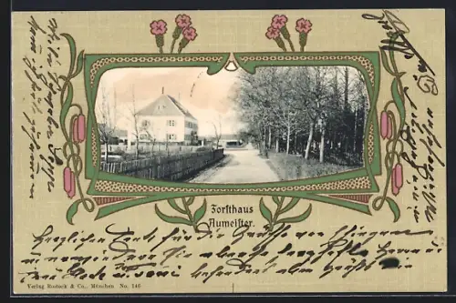 AK München, Gaststätte Forsthaus Aumeister mit Strasse, Ornament-Rahmen mit Blumen