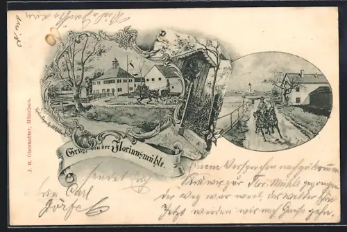 Künstler-AK München-Freimann, Gasthof Floriansmühle, Strassenpartie, Ornament-Rahmen