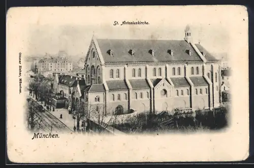 AK München, St. Antoniuskirche mit Strasse aus der Vogelschau