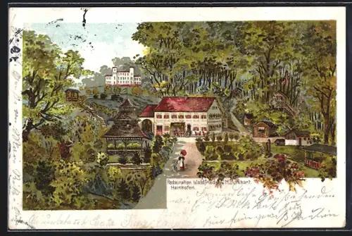 Lithographie Hainhofen, Gasthaus Restauration Waldfrieden M. Burkhart mit Parkanlage und Pavillon aus der Vogelschau