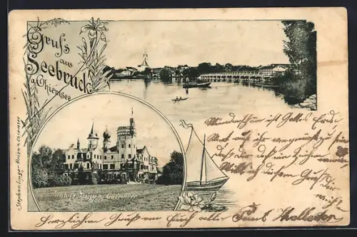 AK Seebruck a. Chiemsee, Schloss Ising, Seepartie mit Brücke und Ort
