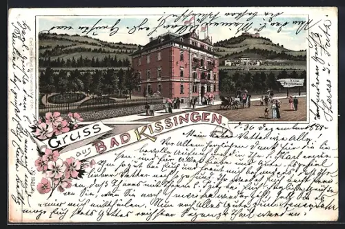 Lithographie Bad Kissingen, Hotel Villa Fleischer mit Anlagen, Strasse u. Burgblick