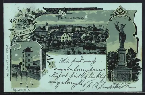 Mondschein-Lithographie Bruchsal, Spatzenthurm, Kriegerdenkaml, Schloss mit Umgebung, Ornament-Rahmen