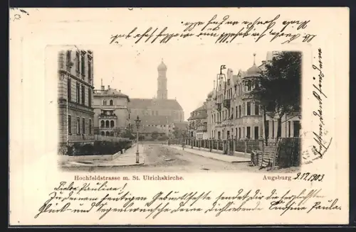 AK Augsburg, Hochfeldstrasse mit St. Ulrichskirche und Turmgebäude