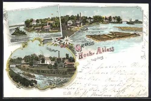 Lithographie Augsburg, Hoch-Ablass, Flusspartie mit Floss und Ort, Teilansicht mit Fluss
