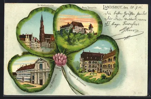 Passepartout-Lithographie Landshut, St. Martinskirche, Burg Trausnitz, Regierung, Kleeblatt