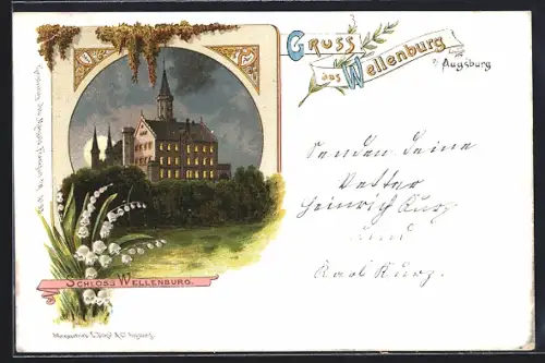 Lithographie Wellenburg /Augsburg, Schloss Wellenburg mit beleuchteten Fenstern, Maiglöckchen, Ornament-Rahmen