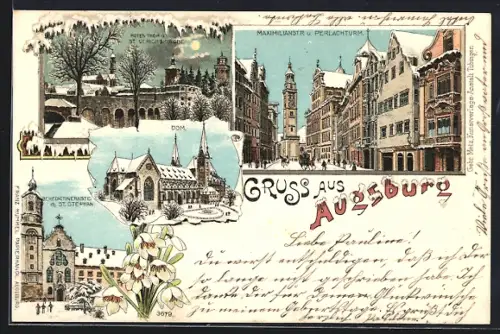 Winter-Lithographie Augsburg, Rotes Thor u. St. Ulrich, Benediktinerabtei mit St. Stephan, Maximilianstr. mit Perlach
