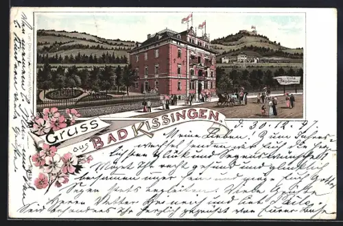 Lithographie Bad Kissingen, Hotel Villa Fleischmann mit Anlage, Burg und Strasse, Kutsche