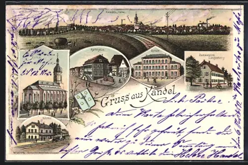 Lithographie Kandel / Pfalz, Gasthof Langenberg, Schule, Rathaus, Bahnhof & Kirche