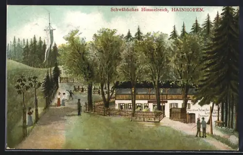 Künstler-AK Hainhofen, Gasthaus Schwäbisches Himmelreich mit Weg und Ausflüglern