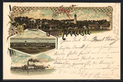 Lithographie Utting, Dampfer Gisela, Totale mit Ammersee