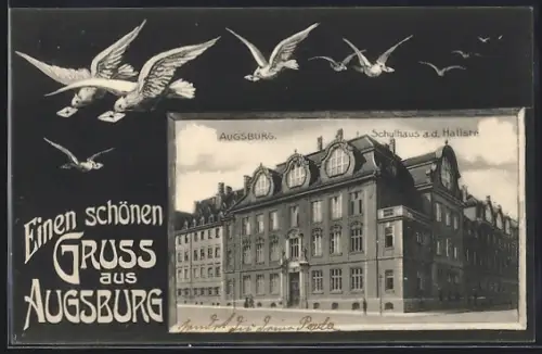 AK Augsburg, Schulhaus a. d. Hallstrasse, Brieftauben