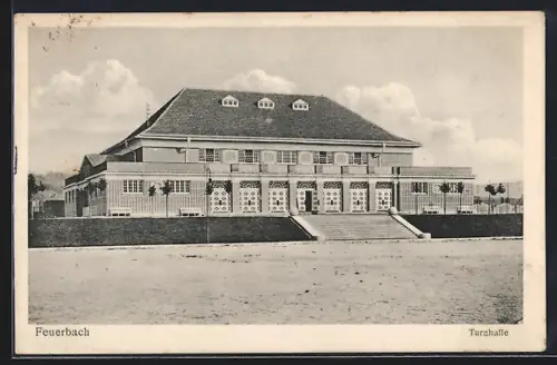 AK Feuerbach / Stuttgart, Turnhalle mit Treppenaufgang