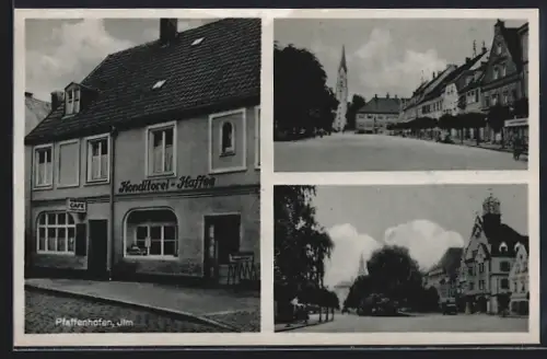 AK Pfaffenhofen /Ilm, Konditorei-Café Gg. Guggenbichler, Strassenpartie mit Geschäft und Kirche, Ortspartie