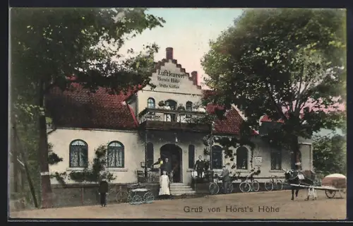 AK Hüllhorst, Gasthof Horsts Höhe mit kleiner Versammlung, Fuhrwerk, Fahrräder