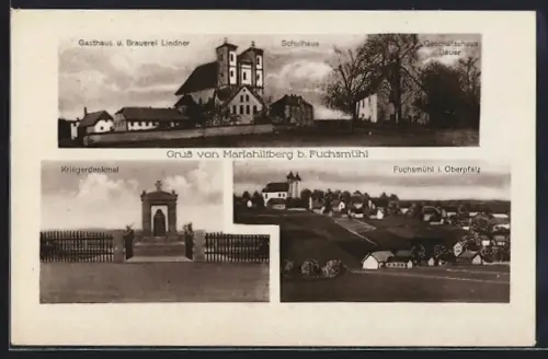 AK Fuchsmühl /Opf., Mariahilfberg, Gasthaus-Brauerei Lindner u. Schulhaus, Kriegerdenkmal, Ortsansicht