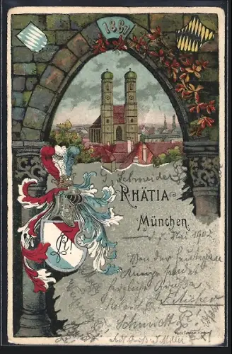 Lithographie München, Studentenwappen des Korps Rhaetia, Luisenstrasse 31, Frauenkirche