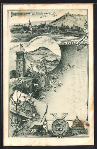 Lithographie Grossbottwar, Ortsansicht mit Lichtenberg, Langhans, Aussichtsturm