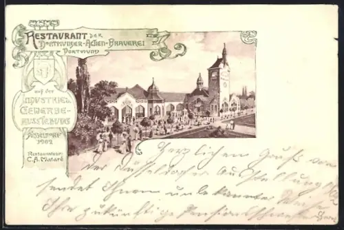 Lithographie Düsseldorf, Restaurant der Dortmunder Actien-Brauerei auf der Industrie- u. Gewerbe-Ausstellung 1902