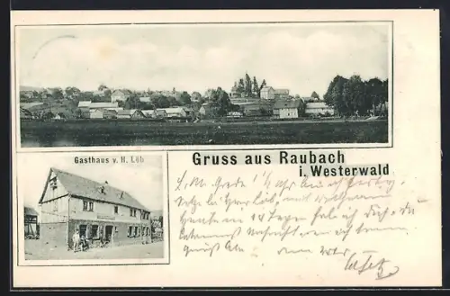 AK Raubach i. Westerwald, Gasthaus v. H. Löb, Ortsansicht aus der Vogelschau