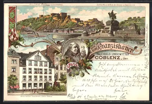 Lithographie Koblenz, Festung Ehrenbreitstein, Restaurant zum Franziskaner, Goeben-Denkmal