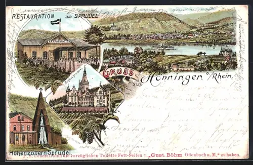 Lithographie Hönningen a. Rhein, Restauration am Sprudel, Hohenzollern-Sprudel, Ortsansicht