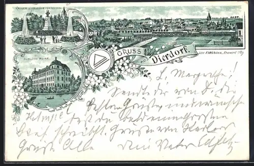 Lithographie Dierdorf, Kaiser- und Krieger-Denkmal, Schloss Ruine, Ortsansicht