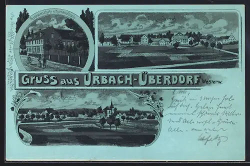Mondschein-Lithographie Urbach-Überdorf /Westerw., Gastwirtschaft v. Karl Kaulbach, Ortsansicht
