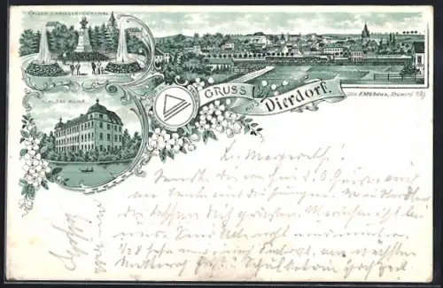 Lithographie Dierdorf, Kaiser- und Krieger-Denkmal, Schloss Ruine, Ortsansicht