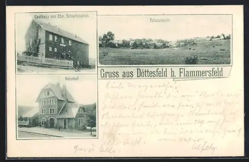 AK Döttesfeld b. Flammersfeld, Gasthaus v. Chr. Scharfenstein, Bahnhof, Totalansicht