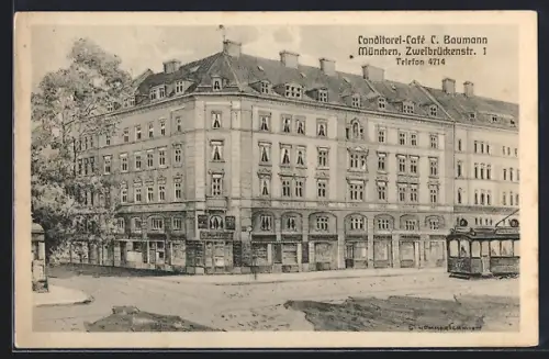 Künstler-AK sign. Hans Pernat: München, Conditorei-Café C. Baumann, Zweibrückenstrasse 1