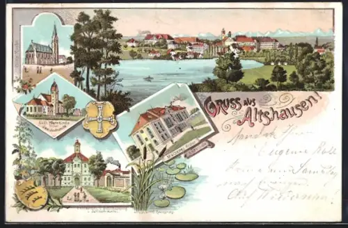 Lithographie Altshausen, Mälzerei früher Reitschule, Seminarbau und Schlossbrauerei